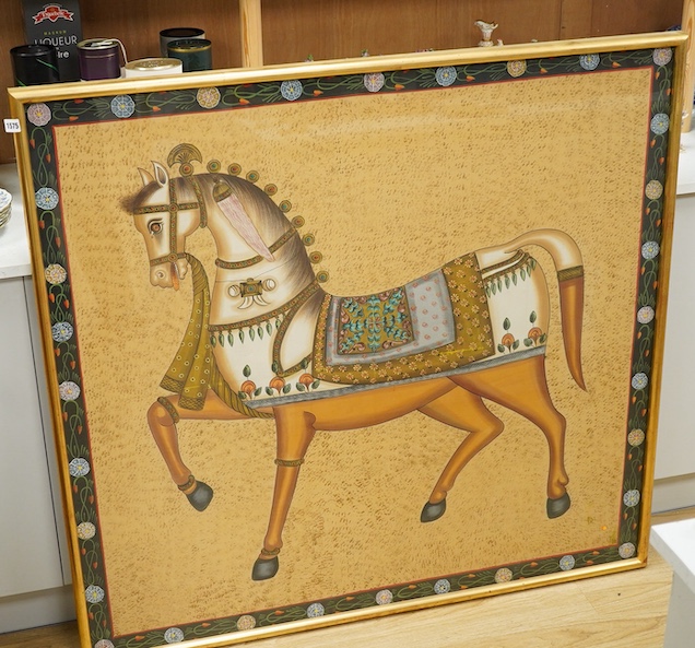 A large 20th century Rajasthani painted silk panel, depicting a horse, 115cm wide